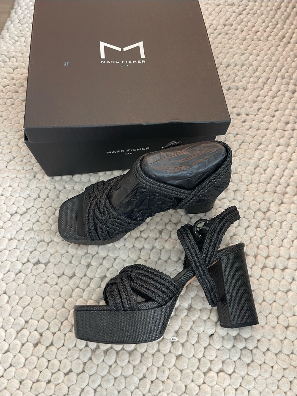 Marc Fisher Cheese Black Braided Platform Sandals
